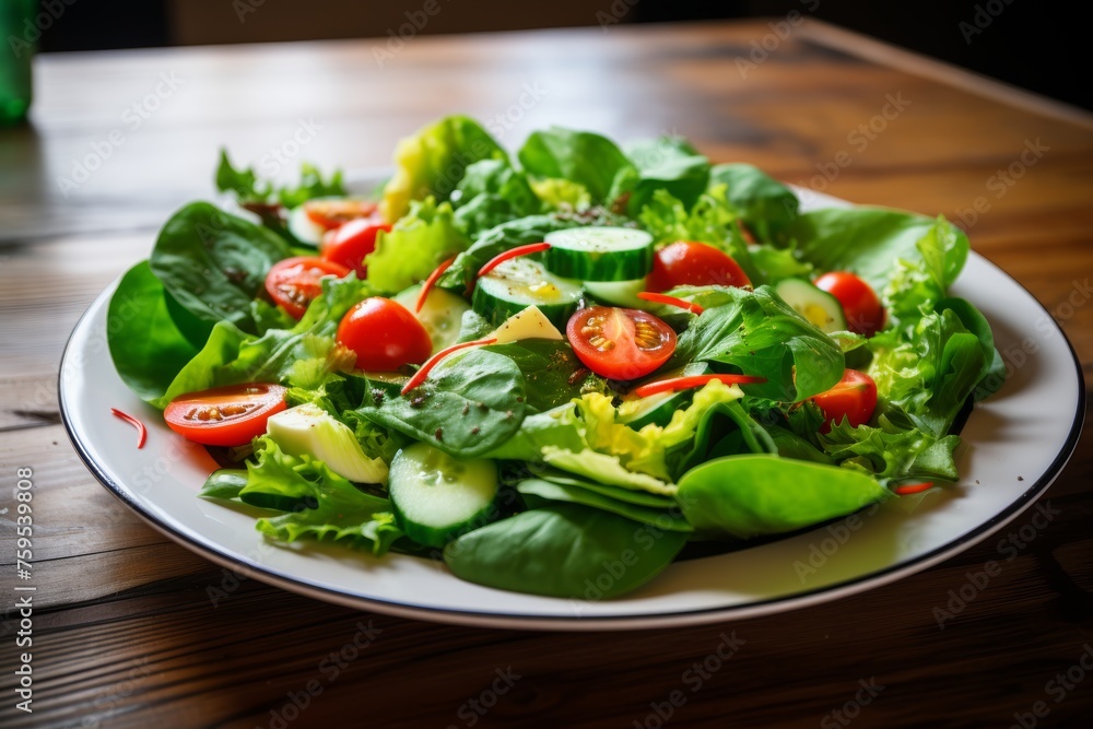 Healthy and delicious green salad with fresh spinach, crisp cucumbers, and juicy tomatoes