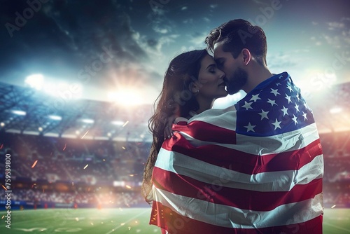 Young couple wrapped in American flag kissing during sports championship at stadium.