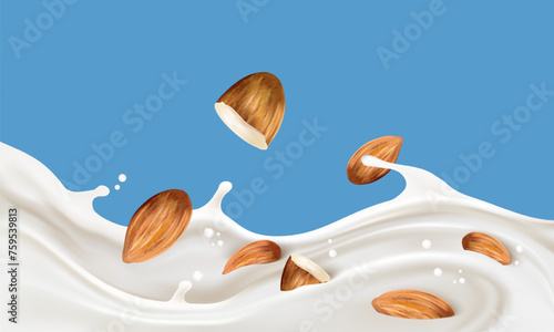 Milk liquid with almonds splashing isolated on solid color background. Realistic vector in 3D elements. Food and Drink concepts.