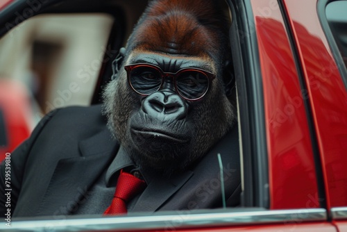 A gorilla wearing a suit and tie and glasses was getting out of a red luxury car. © Syukra