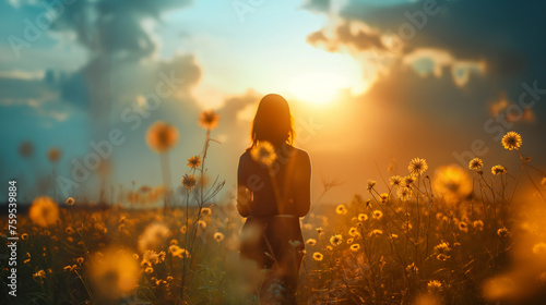 Silhouette of woman stands in a yellow flowers field during sunset