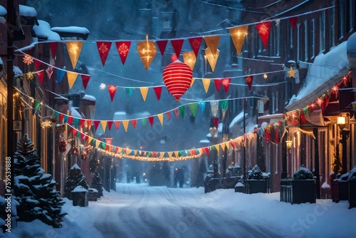 Festive holiday banners draped along a snow-covered main thoroughfare photo