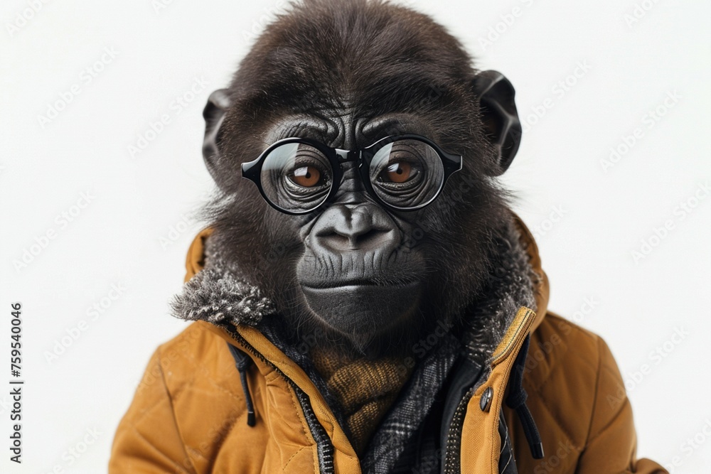 Gorilla child wearing a jacket and tie and glasses on a plain white background.