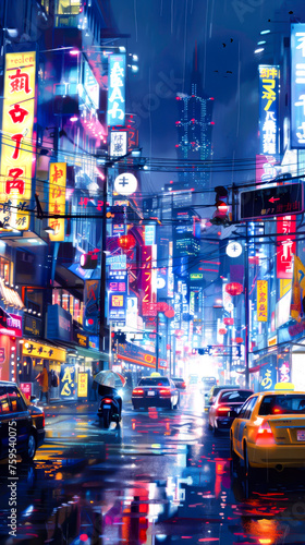 A bustling Tokyo street at night, filled with neon lights and holographic signs, mobile phone wallpaper