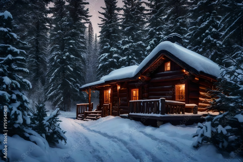 Snowy road leads to a secret cabin with a flickering fireplace within.