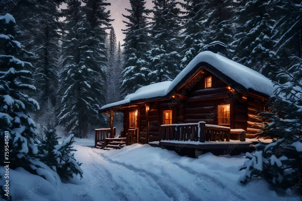 Snowy road leads to a secret cabin with a flickering fireplace within. Snowy road leads to a secret cabin with a flickering fireplace within.