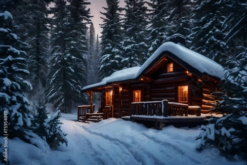 Snowy road leads to a secret cabin with a flickering fireplace within. © MB Khan