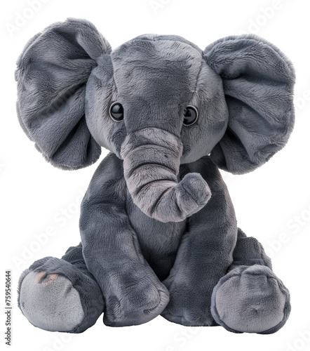 Grey plush elephant toy on transparent background - stock png.