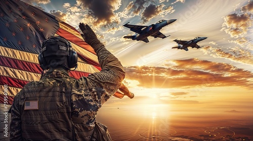 American soldier waving to flying fighter jets with American flag in the background
 photo