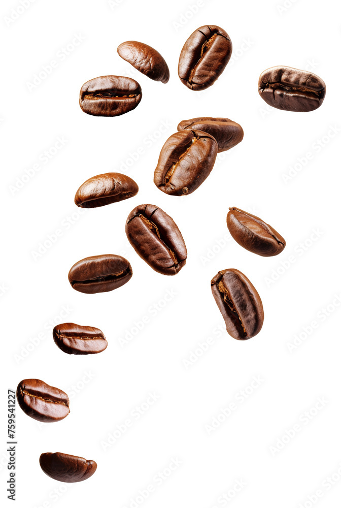 Roasted coffee beans falling with dynamic motion, cut out - stock png. Roasted coffee beans falling with dynamic motion, cut out - stock png.