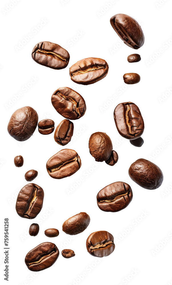 Roasted coffee beans falling with dynamic motion, cut out - stock png. Roasted coffee beans falling with dynamic motion, cut out - stock png.