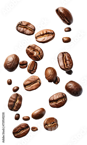 Roasted coffee beans falling with dynamic motion, cut out - stock png.