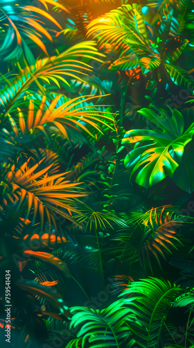 A rainforest thriving in a post-nuclear world, with mutated, glowing flora. mobile phone wallpaper