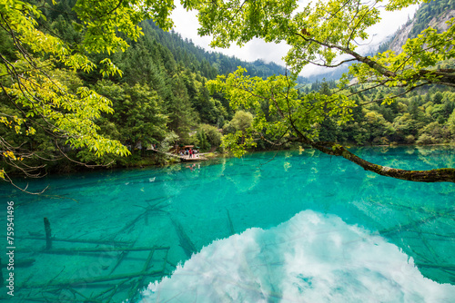 Beautiful view of the blue lake of Wolong Sea in Jiuzhaigou, Sichuan, China