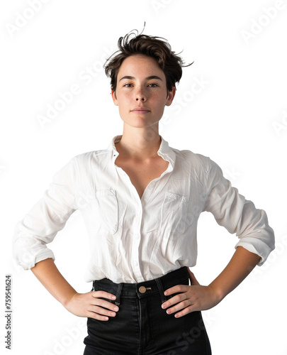Portrait of young woman with hands on hips, white shirt, short hair, looking confidently at the camera, solated on transparent background.