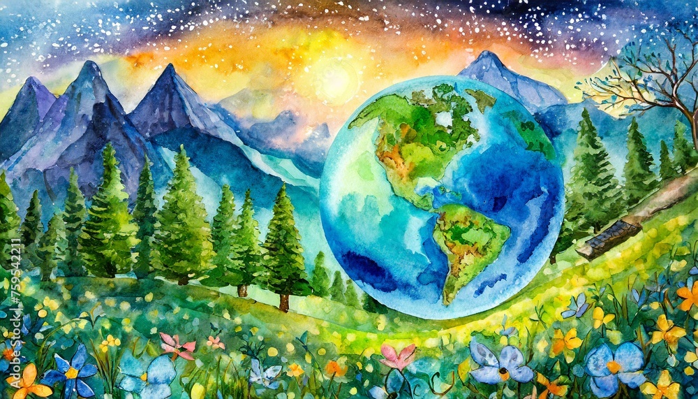 Sylvan Serenity: Hand-Drawn Watercolor Digital Art of Earth and Magical Forest