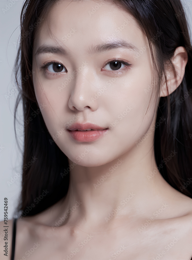 Naklejka premium Asian woman skin care model with clean skin, black hair and black eyes