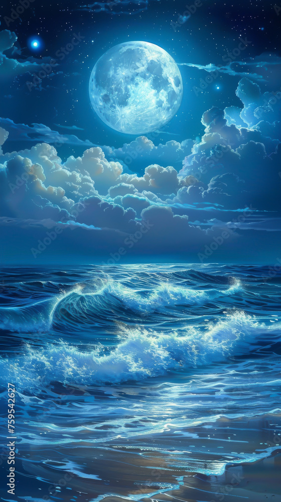 Fototapeta premium The calming sight of gentle waves under a moonlit sky, mobile phone wallpaper