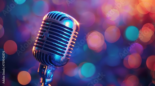 Retro microphone on stage with a bright background blurred in bokeh