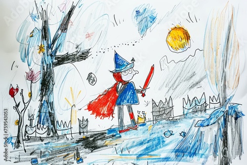 Child-drawn scene of a wiza...