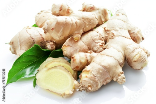 Fresh Ginger Root With Green Leaves on a White Background