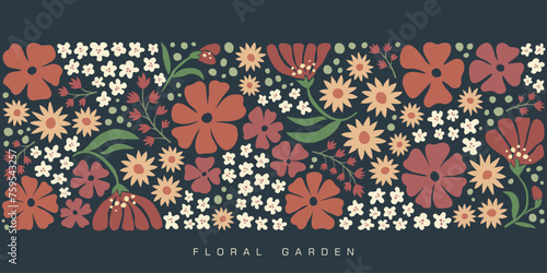 Floral wallpaper, colorful groovy garden flowers illustration
