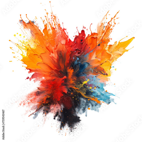 Multicolored paint bursts create an explosive effect against the white background. photo