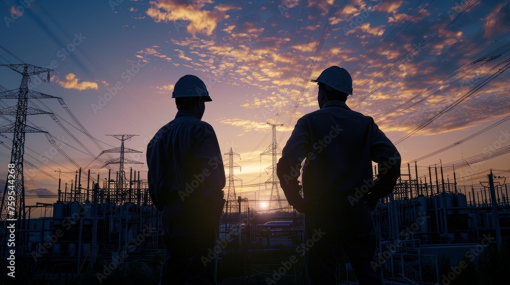 Silhouettes of engineers standing at a power station, discussing plans