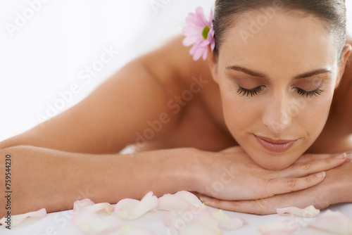 Relax, massage and face of girl at spa for health, wellness and balance with luxury holistic treatment. Self care, zen and woman on mockup for body therapy, comfort and calm pamper service at hotel