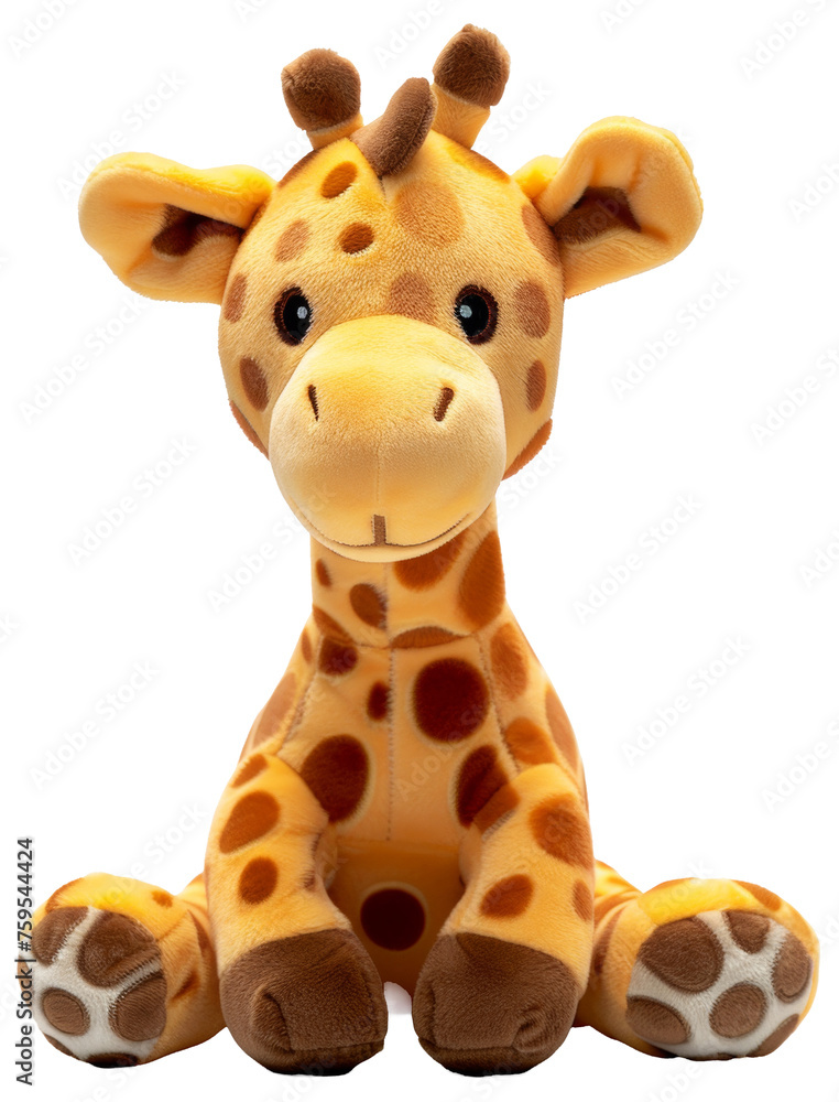 Giraffe plush toy with long neck and patterned fur, cut out - stock png. Giraffe plush toy with long neck and patterned fur, cut out - stock png.
