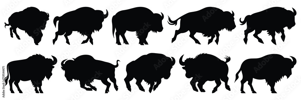 Bison buffalo silhouettes set, large pack of vector silhouette design, isolated white background Bison buffalo silhouettes set, large pack of vector silhouette design, isolated white background