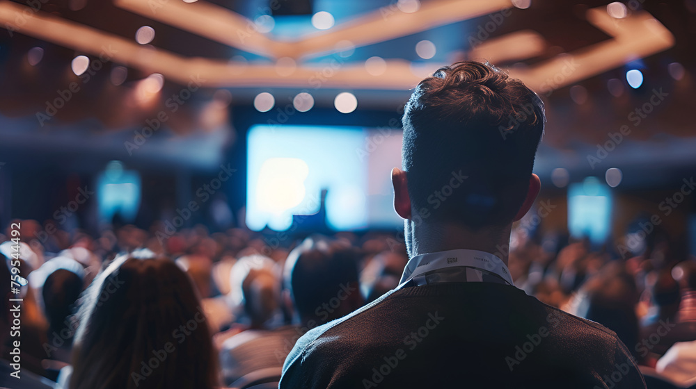 Rear view of people in audience at the conference hall, Speaker giving a talk in conference hall at business event Rear view of people in audience at the conference hall, Speaker giving a talk in conference hall at business event