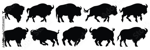 Bison buffalo silhouettes set, large pack of vector silhouette design, isolated white background