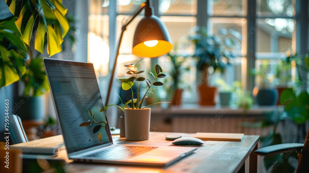 Home office setup with stylish furnishings and indoor plants Home office setup with stylish furnishings and indoor plants