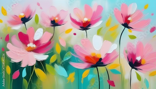 An abstract painting of pink flowers with bold brush strokes © Iqra