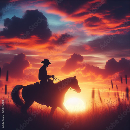 Silhouette of a cowboy riding into the sunset c4d dreamy and optimistic vibrant sky