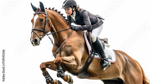 Dynamic Duo Woman and Horse Leap Over Obstacles © Photock Agency