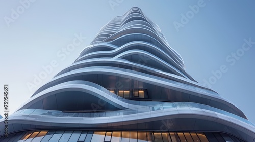 The high rise curved reflective architecture under the brightest clear sky day