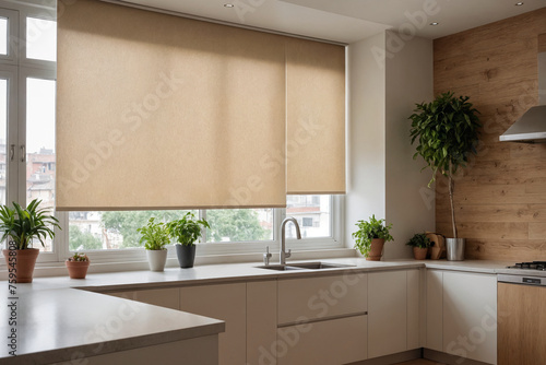 Beige blackout roller blind on windows in stylish modern kitchen. Shutters on the plastic window.