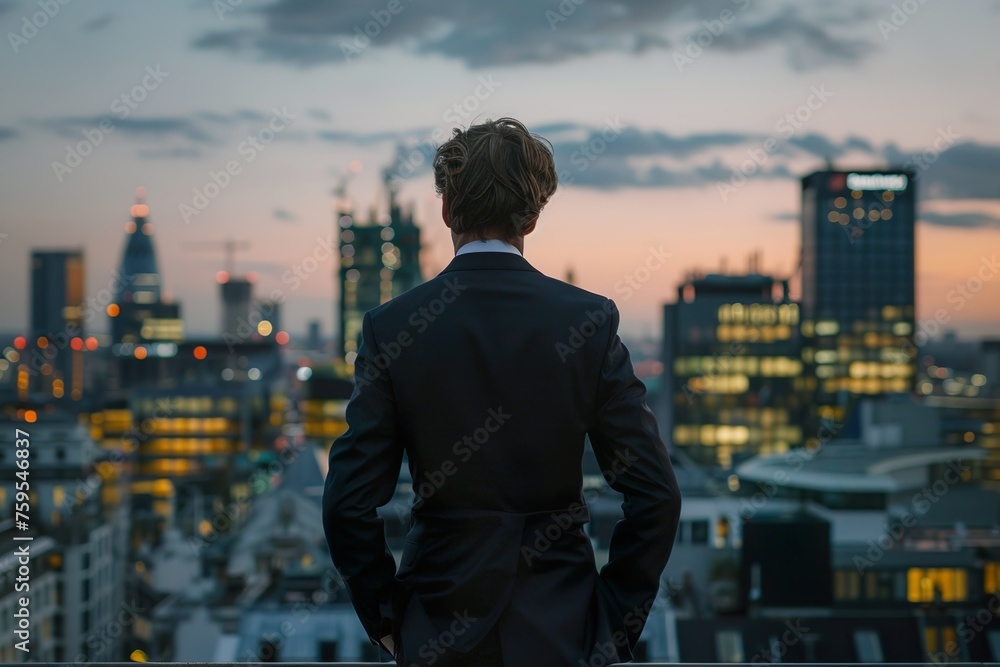 A person in a suit looking at a city skyline symbolizing financial success A person in a suit looking at a city skyline symbolizing financial success