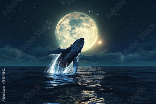 majestic humpback whale breaching out of the ocean towards a giant full moon photo