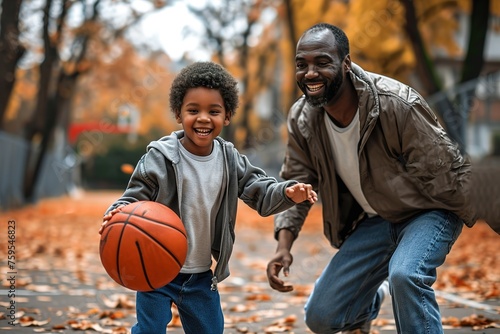 Father and son playing basketball outside