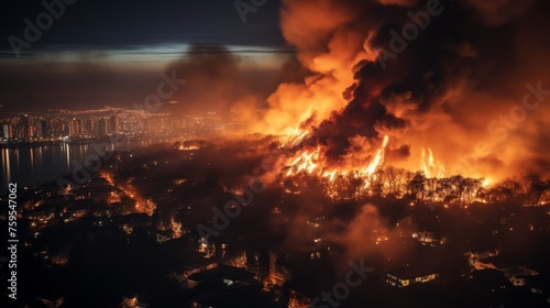 Climate Change : Urban city with wildfires burning close © Media Srock