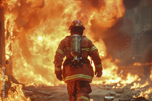 Firefighter in protective gear advancing through intense flames. Emergency response and bravery concept. Heroic occupation for design and poster. Action shot with dynamic movement and copy space