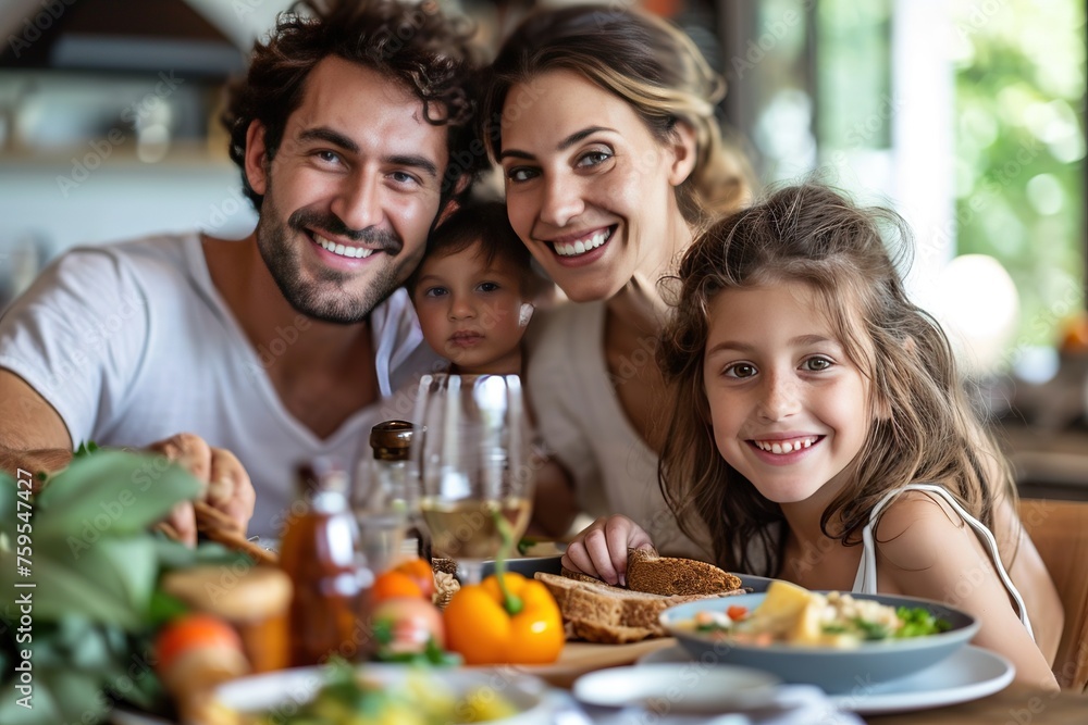 Happy young family eating meal at dining table
