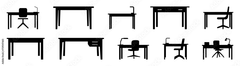 Desk table silhouette set vector design big pack of illustration and icon Desk table silhouette set vector design big pack of illustration and icon