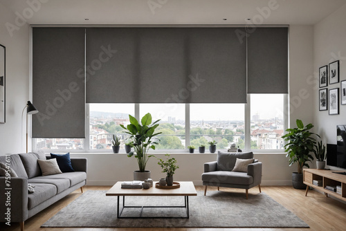 Gray blackout roller blind on windows in stylish modern living room. Shutters on the plastic window. photo