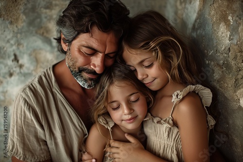 Father embracing daughters in front of wall