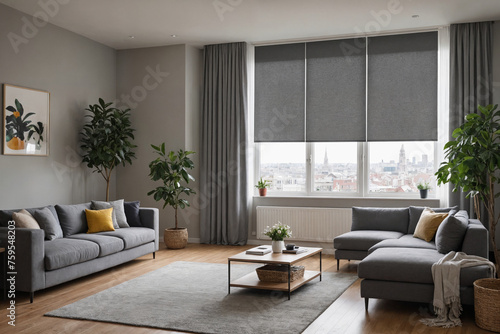 Gray blackout roller blind on windows in stylish modern living room. Shutters on the plastic window.