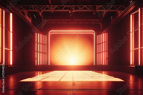 Stage with spotlights for concerts, dance floor, neon light